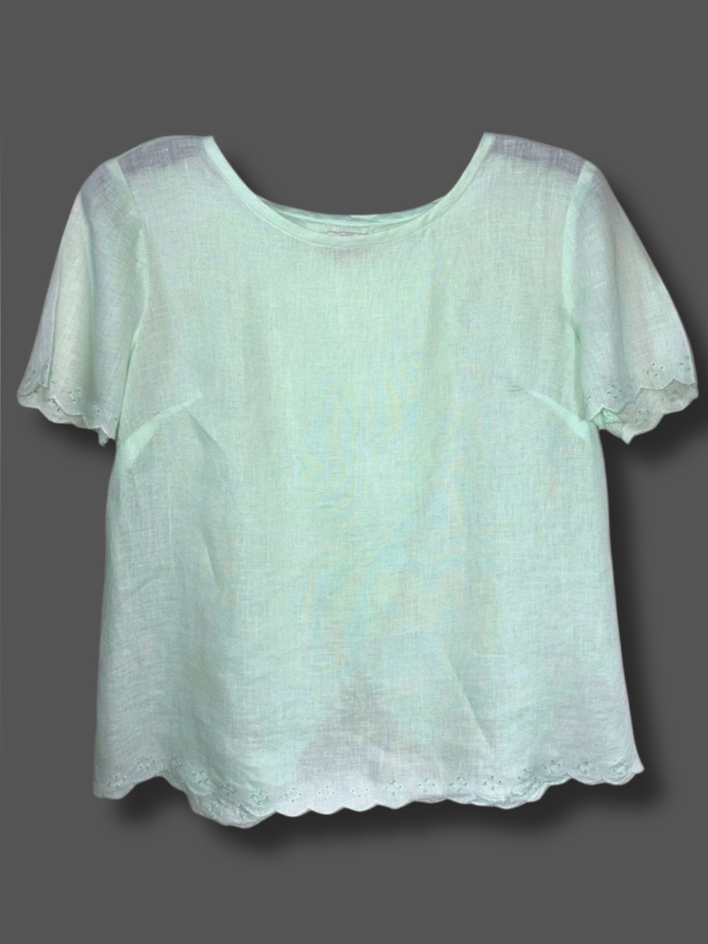 J.Crew 100% Linen Blouse Size 0 Seafoam Green Eyelet Scallop Wrap Back Top